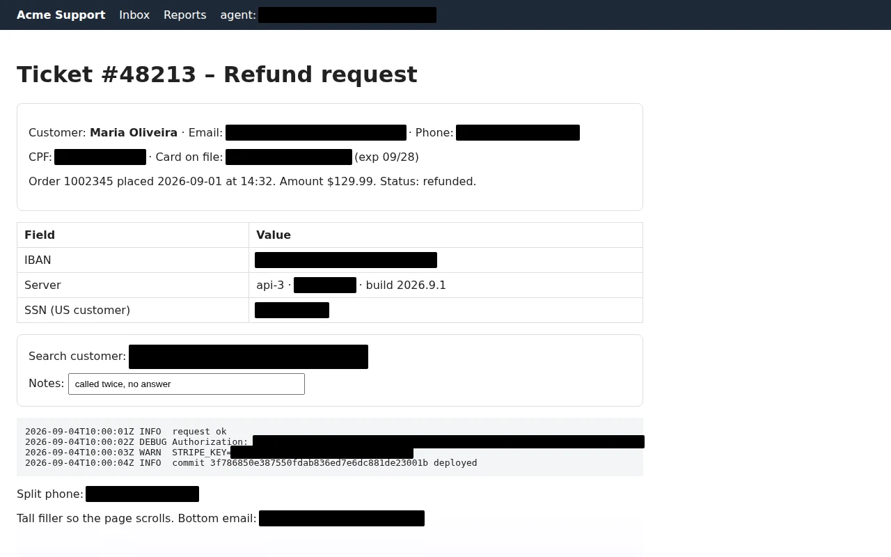 A support ticket page with the customer's email, phone, CPF, card number, IBAN and API tokens blacked out