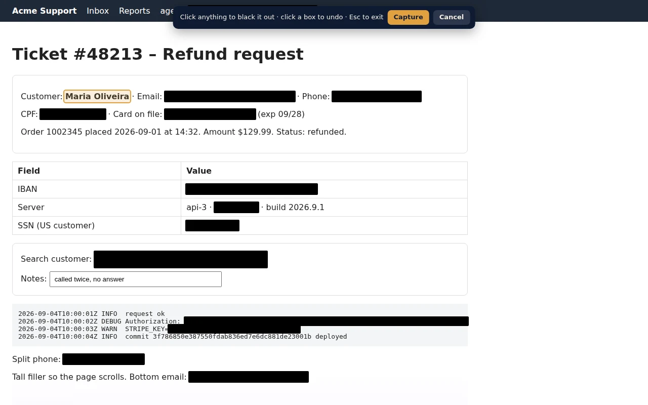 Manual mode: hovering a customer name highlights it for click-to-redact