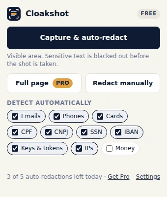 Cloakshot popup with Capture & auto-redact, Full page and Redact manually buttons