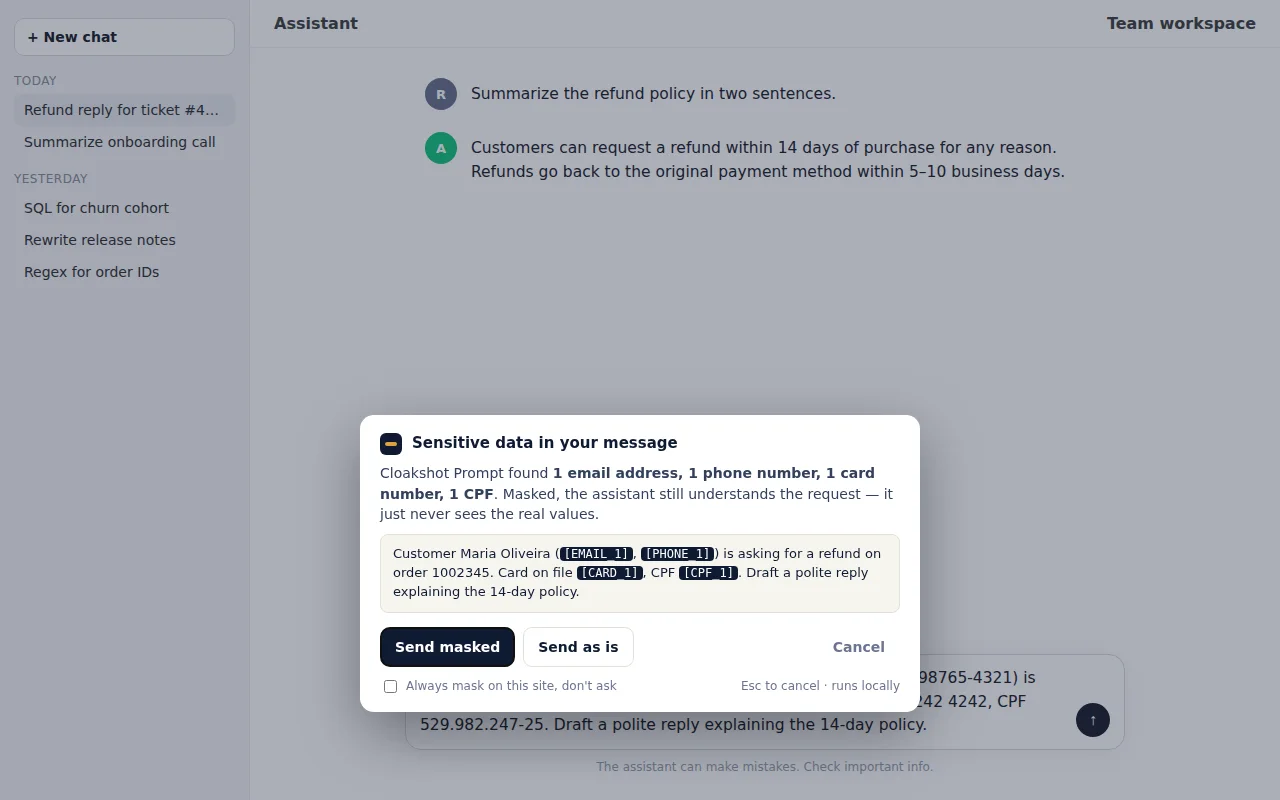 Cloakshot Prompt intercepting a chat message that contains an email address, a phone number, a card number and a CPF, offering to send it masked