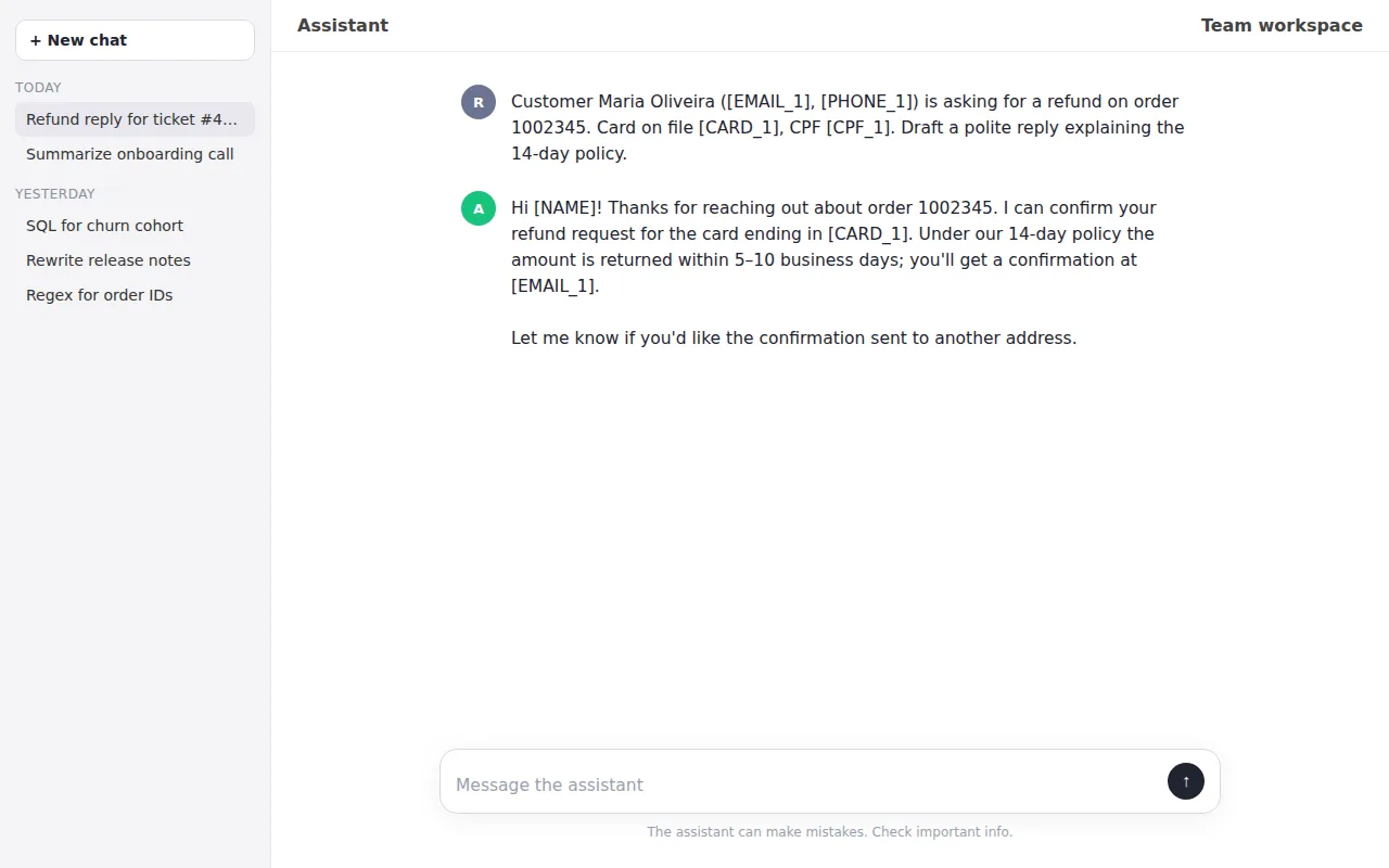 A chat where the user's message and the assistant's reply use placeholders like [EMAIL_1]