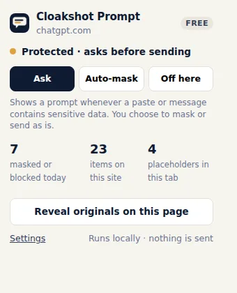 The popup showing protection mode, today's counts and a Reveal originals button